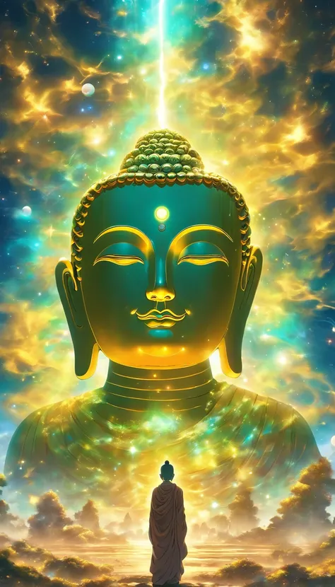 The huge transparent Buddha head is、Looking at the yellow planet in the soil of space，Glow effect，oc rendered