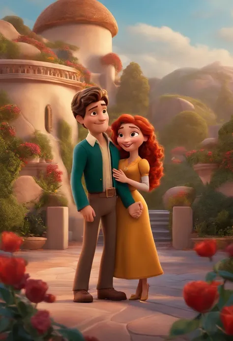 Casal (homem moreno e mulher branca) no estilo Disney Pixar, alta qualidade, melhor qualidade.