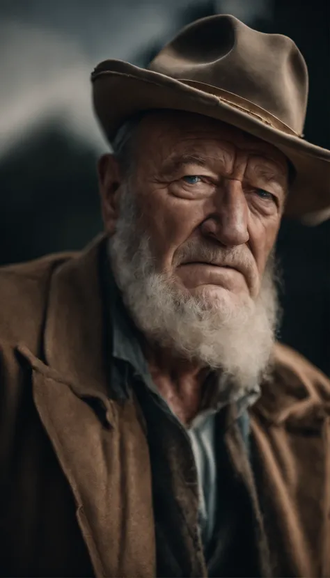 A portrait of john wayne as a wizard, bearded, wrinkled, weathered, with piercing eyes, detailed face, high details, photography, natural light, Nikon D850, 50mm, f/1.4,looking at viewer