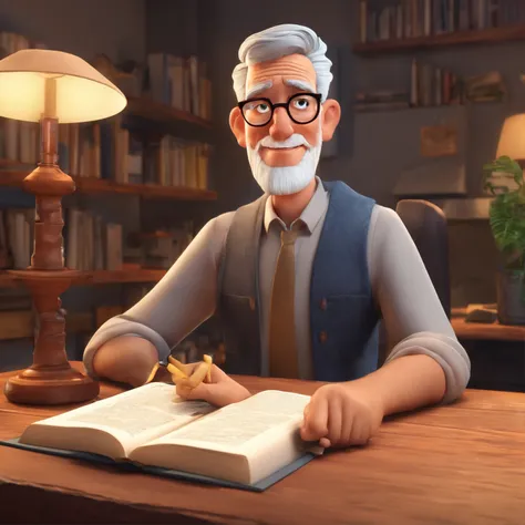 Crie um cartaz inspirado na Disney Pixar com o personagem sendo o pastor Rubens Janier, A gray-haired man wearing glasses, in an office with a Bible on the table