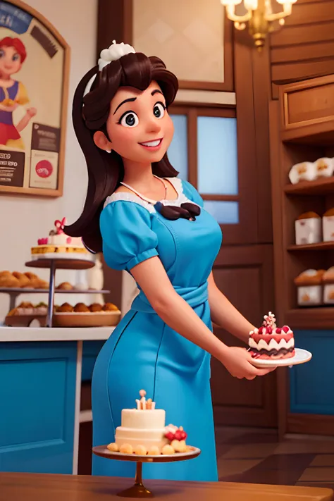 Create a Disney-style poster featuring a 40-year-old female character, cabelos cor preto  longo escovado para fora , sorriso feliz, rosto redondo, Roupa de confeiteira. Holding a small birthday cake in a pastry kitchen.