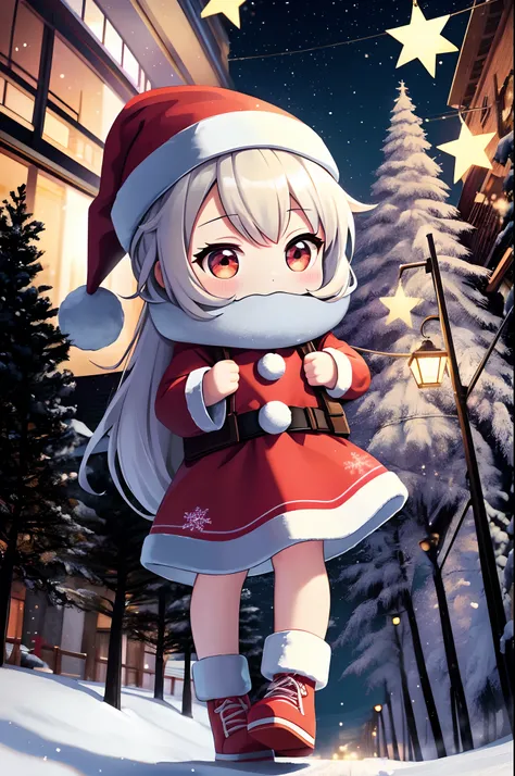 Santa Claus happily carrying presents、Santa is a pretty girl、Chibi Doll、Stars in the eyes（kirakira）、Eye Up、Laugh、Cute red shoes、foco nítido, Ultra Detail, radiant light、bio luminescent、snowscape、Its snowing、Snowboard Riding、Draw a large snowflake in the fo...