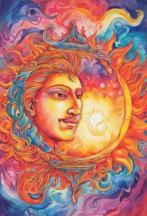 Vivid watercolor pencil drawing of a sun and moon in one surrounded by earth,wind, water, and fire .