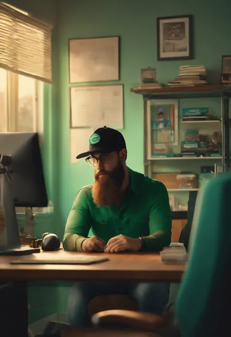 Imagem de um homem hovem de 24 anos em formato Pixar, possui barba curta, wears a black rear-facing cap, Its located inside an office with computers, The ambient light is aqua green