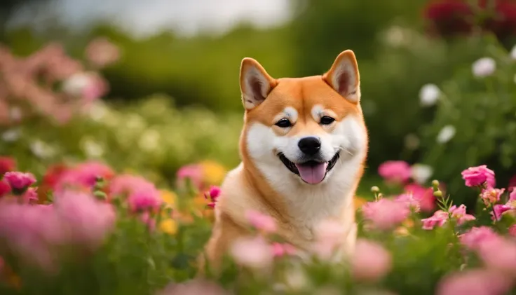 A Shiba Inu dog in a flower garden is smiling and looking straight ahead.