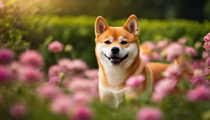 A Shiba Inu dog in a flower garden is smiling and looking straight ahead.