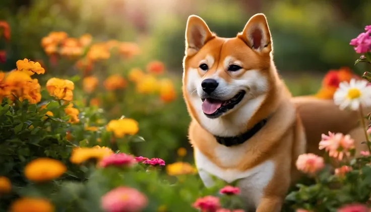 A Shiba Inu dog in a flower garden is smiling and looking straight ahead.