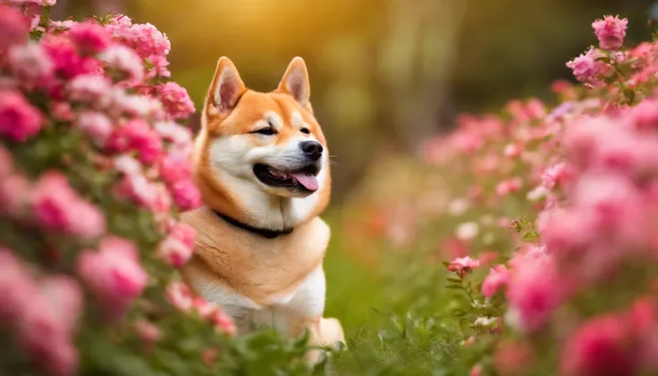 A Shiba Inu dog in a flower garden is smiling and looking straight ahead.