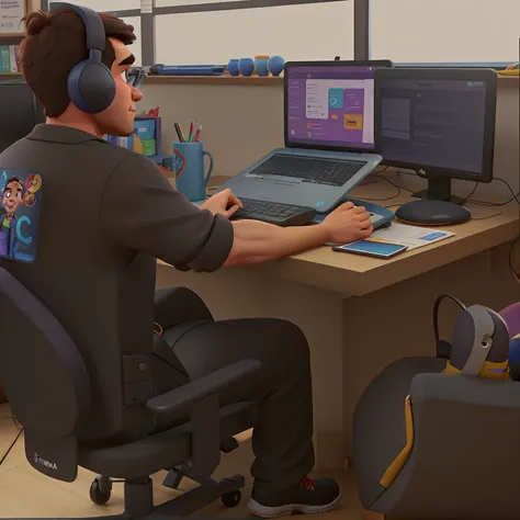 programador do sexo masculino, ele tambem tem um fisico forte, programando app em sala empresarial, imagem estilo filme disney pixar em alta qualidade, maxima qualidade