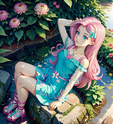 Fluttershy, fluttershy from equestria girls, fluttershy in the form of a girl, lush breast, pink long wavy hair, soft smile, flowers, butterflies, (top quality, masterpiece, ultra-realistic), rainy day, raining, wet ground, puddle, indoor botanical garden,...