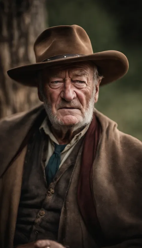 A portrait of john wayne as a wizard, bearded, wrinkled, weathered, with piercing eyes, detailed face, high details, photography, natural light, Nikon D850, 50mm, f/1.4