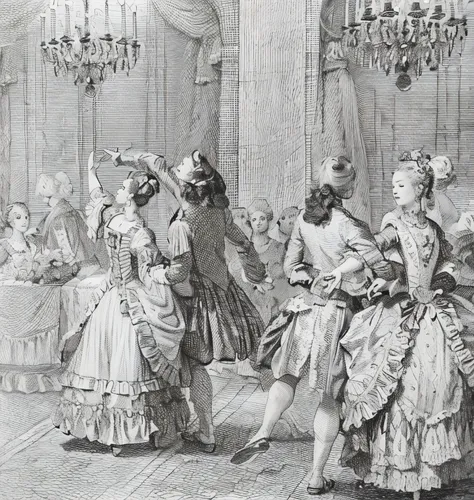 a drawing，The painting depicts several people in fancy dress talking, dance scene, 1 8 th century style, Engraving from the 1700s, 18th century art, Rococo Art Style, 1 8th century, 18th century, Rococo style, theater dance scene, 1 7 0 0 seconds, 1700s, R...