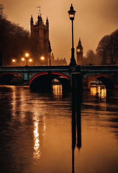 Verdadero, realista, cinematic quality, Super detail, super quality, Super HD, real photograph, Puente de Londres, lluvia, diente, ribera