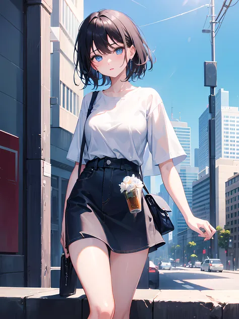 1girl, black hair, blue eyes, wearing a plain white shirt, denim skirt, city, absurdres, high res, ultrasharp, 8K, masterpiece, looking at viewer