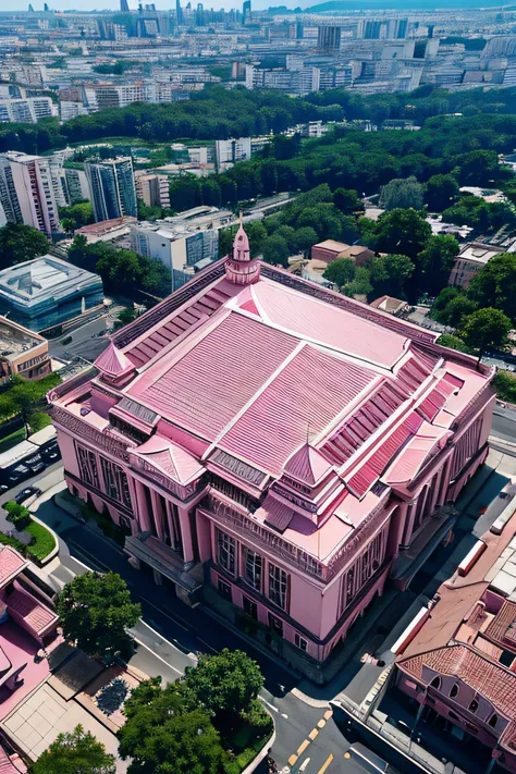 A pink-style building is located in the middle of the city，Bottom-to-top angle view