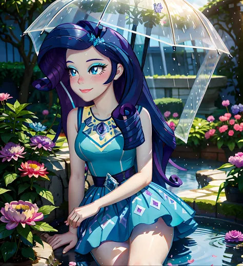 rarity, rarity from equestria girls, rarity in the form of a girl, lush breast, purple long curly hair, soft smile, flowers, but...