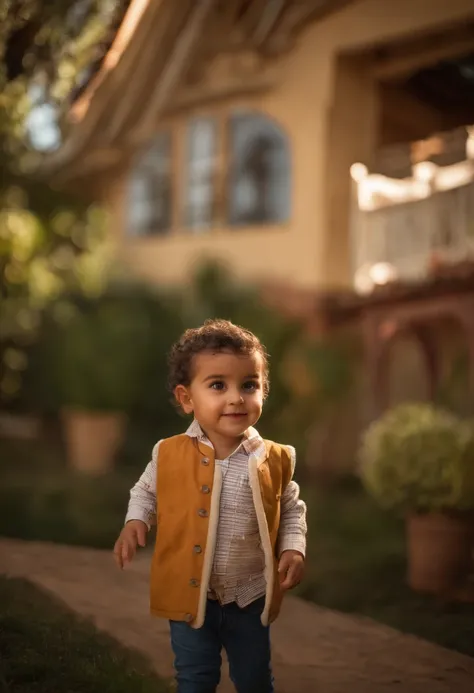 menino: Miguel, aproximadamente 5 anos de idade, cabelo curto estilo Disney, olhos castanhos e sorrisos. garota: Giovana, 2 anos, longos cabelos pretos e olhos azuis. scenecy: Miguel and Giovana are in a cozy little house in the valley, ao fundo um dia ens...