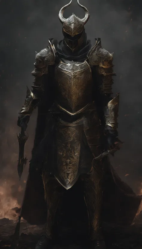 warrior, concept-art,  Fantasy art, battleground background, clean render, a horned, Wear a suit of armor, Detailed bushido form smoke, helmet of a forgotten deity, character is standing, 8k Realistic, in game render, detailed face background detail, Art s...