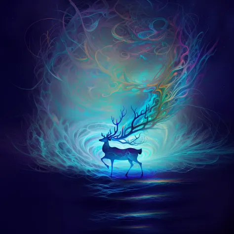 (Psychedelic painting of a deer standing in front of a colorful swirl), ((multiple antlers, stag, big head)), bright colors, thick lines, waves, multiple layers, foreground, perspective, fractal Thunder Dan Mumford , Dan Mumford and Alex Gray style, psyche...