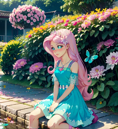 Fluttershy, fluttershy from equestria girls, fluttershy in the form of a girl, lush breast, pink long wavy hair, soft smile, flowers, butterflies, (top quality, masterpiece, ultra-realistic), rainy day, raining, wet ground, puddle, indoor botanical garden,...