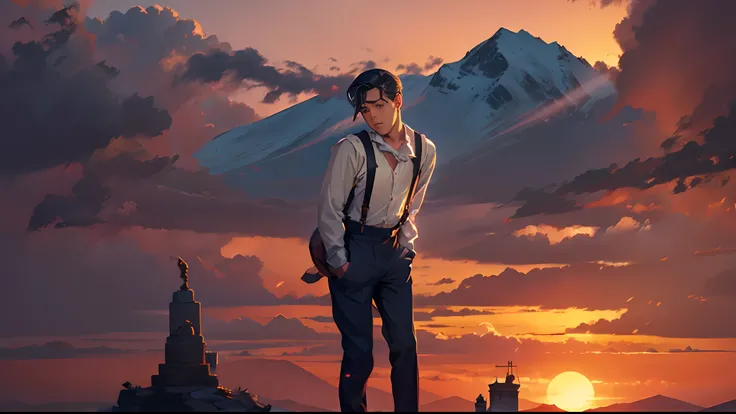 eventide，Suspenders，Stand on top of the mountain with your feet，middle parted hairstyle，Boy student，stooped，Place your hands on your back，Left side of the face