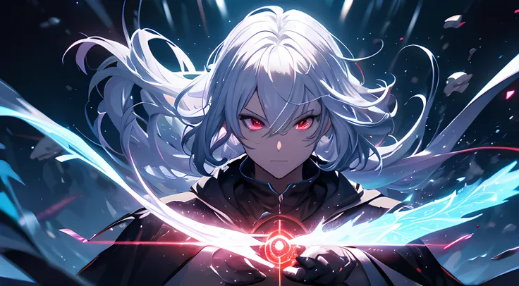 a painting that represents the essence of magic in your world, showing the white-haired, red-eyed protagonist with a mystical bl...