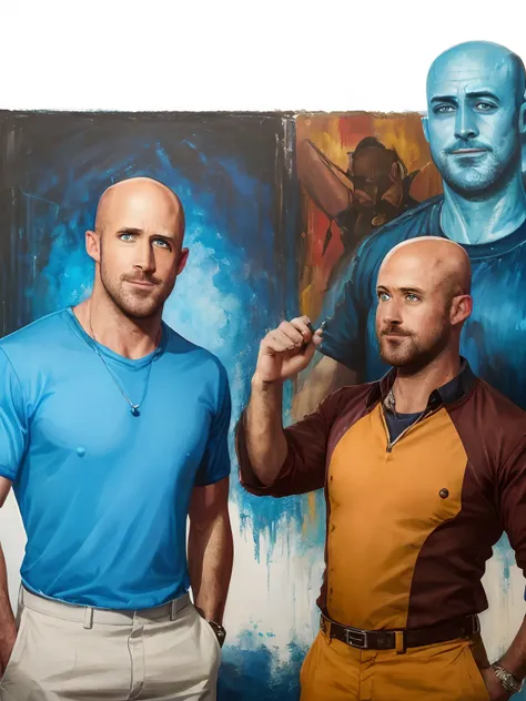 a bald man wearing a blue shirt, standing next to freddy fazbear, realistic portrait, detailed facial features, vibrant colors, ...