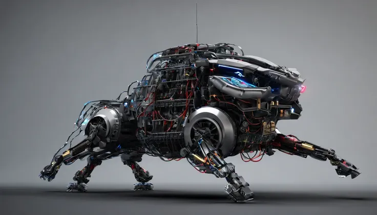 A mechanical bull，Complex mechanical structure，Metal housing，Complex wires，metalictexture，future-tech，It looks imposing，Hyper-realistic，Super lots of detail，超高分辨率