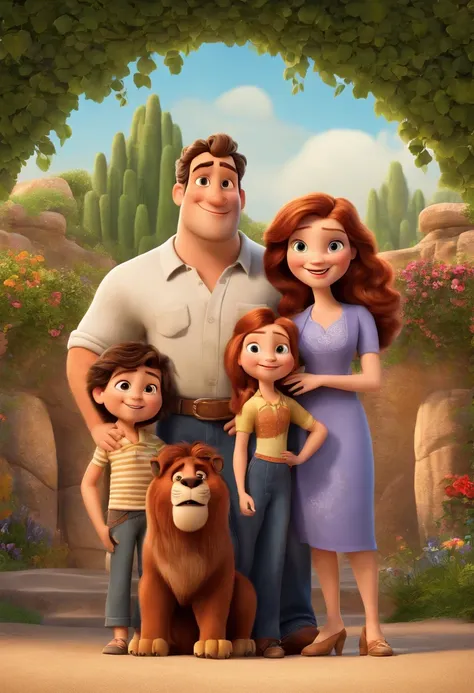 a Disney Pixar movie poster showing a white-skinned family. The father is the tallest, Tem barba curta, loiro, cabelos curtos e espinhosos. The mother has brown eyes and hair, shoulder-length and is slightly overweight. A menina tem 4 anos e cabelos castan...