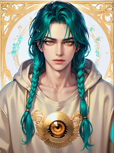 Young guy, (((hairlong))), (turquoise hair), hoody, A sly expression on his face, (((1 guy))), (((A detailed eye))), (((golden eyes))), villain