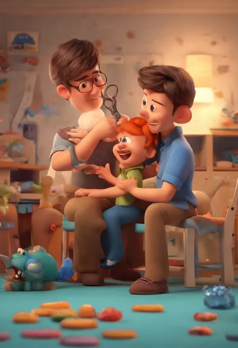 Estilo Pixar: The grown man is holding a naked blue-eyed boy and in his other hand he is holding a pair of scissors and is trying to cut off the boys testicles,3D Poster,Disney