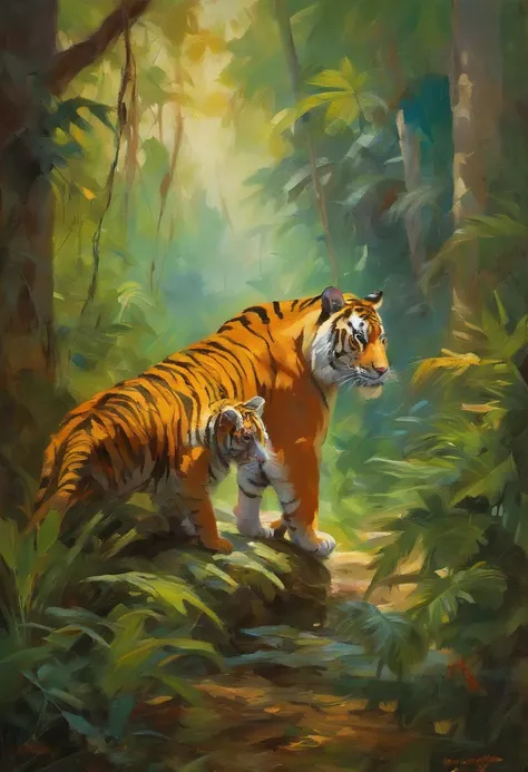 Masterpiece, Tiger eat rabbit, jungle scenery