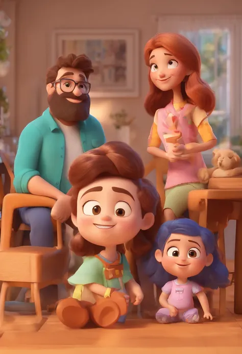 Estilo Pixar: Familia, one dad brunette wth beard, A mother and two girls. Uma menina de 6 anos e outro de 3 anos . Uma fazenda com vacas lindas e marrom .