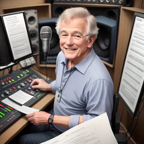 A 65-year-old man in radio studio in front of microphone and papers in hand smiling