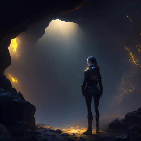 (​masterpiece、top-quality、detaileds:1.4)、Lonely futuristic female explorer standing in a magnificent dark cave filled with sparkling otherworldly gold coins littered with treasure chests+Cinematic Digital Painting Wallpaper、magia、(Volumetric lighting)++、(L...