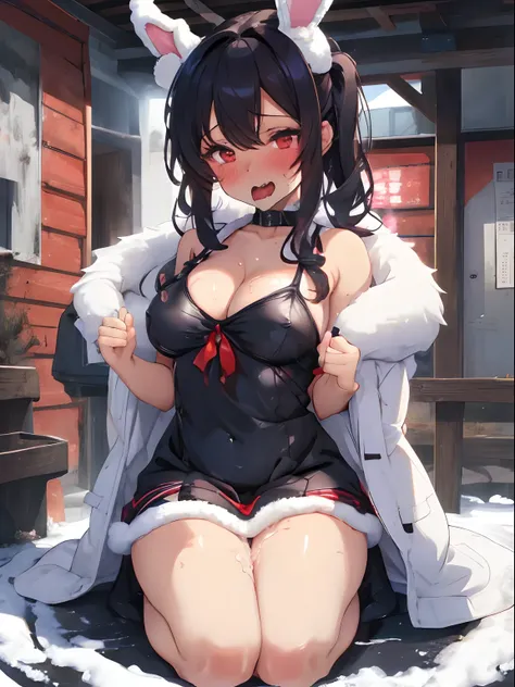 girl with,navy hair,Red Eyes,Fluffy Bunny Girl,Winter clothes,Dress Sex,Outside,seduces,Chest wide open,Kamimei,begging,Sloppy face,red tide,a lot of white liquid on the face and chest,,White liquid overflowing from the crotch,masturbation,piece sign,Openi...