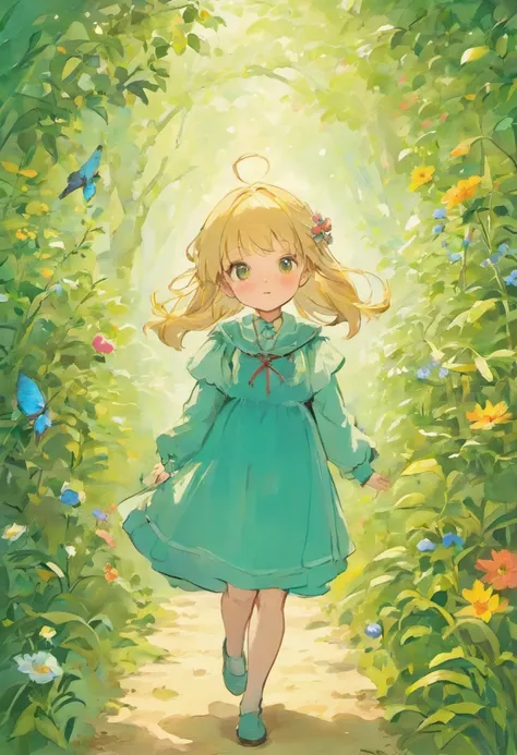 Illustration of a picture book in the style of Beatrix Potter, Shows a girl in the garden.Girl Blonde Hair,The girl wears only a green dress, The illustrations are attractive and exquisite, Soft colors and details.