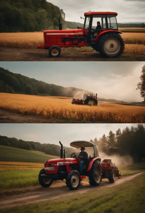 Best quality, Ultra-detailed, high resolution,A man with a beard drives a tractor，There were four people on the tractor eating hot pot together