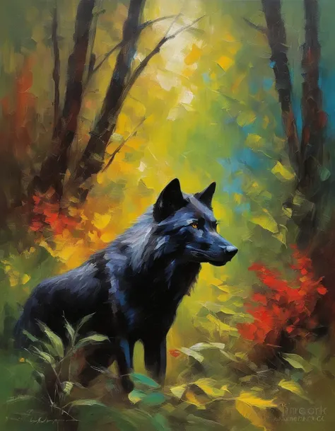 Black wolf, 1 Hunter, jungle scenery