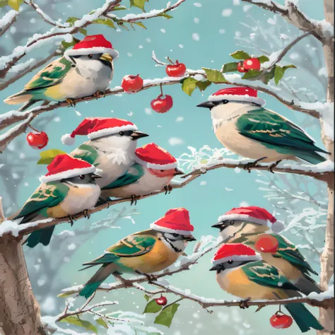 there are many birds sitting on a tree with hats on, birds on cherry tree, holiday season, colorful birds, birds and trees, card, closeup photo, sparrows, close up photo, so cute, cute, birds in the sunlight, 2018, 2 0 1 8, close - up photo, close-up photo...