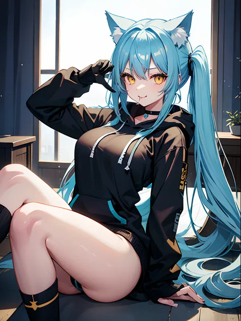 Long Hair, Twintail, Light Blue Hair, Yellow Eyes, Cat Ears, Cat Tail, Big Boobs, Wearing Hoodie, Long Stocking, Nighttime, Wearing Black Gloves, Inside a house, Stick out the tongue