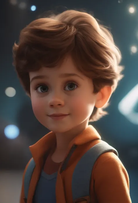 a happy cute kid standing short hair, vestindo uma fantasia espacial, , fundo branco, barnet, Tom, Estilo Pixar, ....3d, desenhos animados, rosto detalhado, asymmetrical 16k