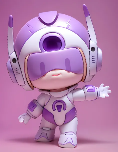 child, robotic body, smiling expression, by Pixar, blindbox, C4D, blender, Purple and white costume design,