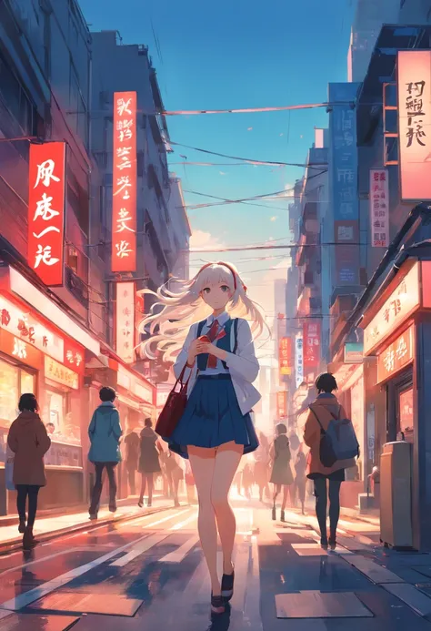 (best quality,4k,highres,masterpiece:1.2),ultra-detailed,(realistic:1.37), long white curly hair, vibrant red eyes, White Lolita girl, Beth, a bustling city street, double Ponytail hairstyles

art style: portraits, urban landscape, anime-inspired

material...