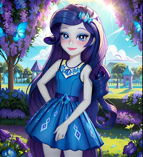 Equestria girls rarity, rarity, rarity in the form of a girl, long dark purple curl hair, blue eyes, long white and blue dress, small blue heels, in a heavenly garden, soft blush, soft smile, holding flowers, highly detailed garde , ((bright sunny day 1.0)...