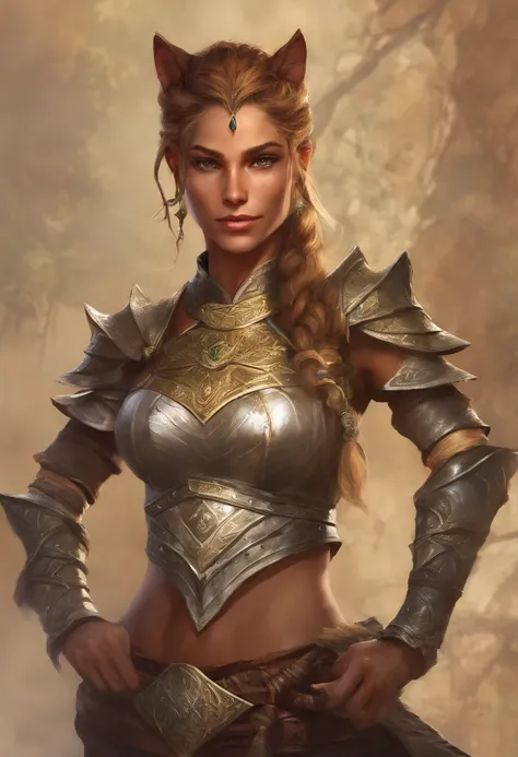 Khajiit Jaguar Female, green colored eyes, Hair tied in a ponytail, Brown, In Silver Armor, Smiling, portraite of a, With Elsweyr in the background, In style