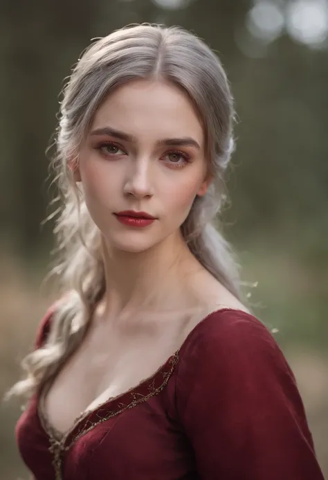 (((A deep red wound streaked across her left cheek))) Fair complexion, A woman around 19 years old, Natural gray hair, Unique green eyes, Wear Cole, Slender and graceful, Beautiful, Candlelight in a medieval setting, super sharp focus, realistic lens, Medi...