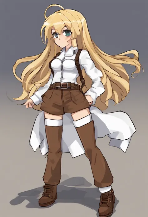 Estilo AOT, Shingeki no Kyojin,, , Christa Renz,, 1girl, belt, Cinto, blonde hair, olhos azuis, brown footwear, brown pants, fivela, chest belt, camisa de gola, Diamante (forma), cabelos flutuantes, de lado, corpo inteiro, fundo cinzento, cabelo entre os o...