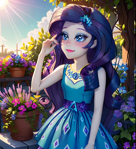 Equestria girls rarity, rarity, rarity in the form of a girl, long dark purple curl hair, blue eyes, long white and blue dress, small blue heels, in a heavenly garden, soft blush, soft smile, holding flowers, highly detailed garde , ((bright sunny day 1.0)...