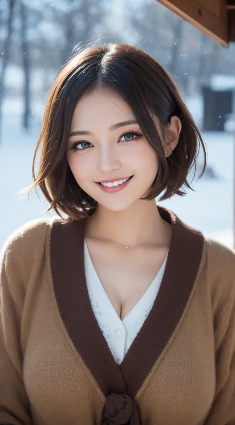 masutepiece, Best Quality, Illustration, Ultra-detailed, finely detail, hight resolution, in 8K, Perfect dynamic composition, Beautiful detailed eyes,  Natural Lip, short-hair、Midwinter attire , ultra gigantic tits, A smile、Plump、Winter background in Japan